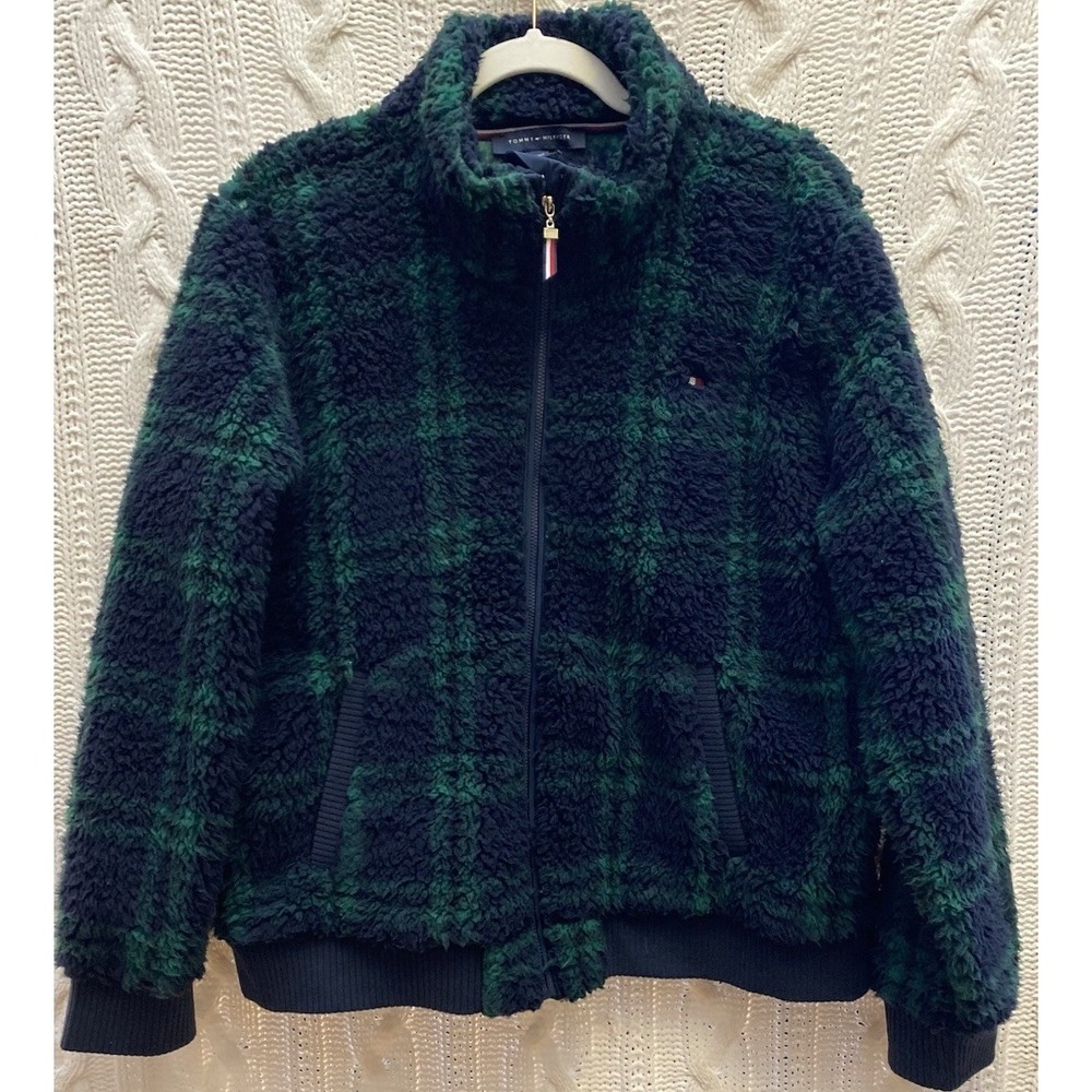 TOMMY HILFIGER Women's Sherpa L‎ Jacket Navy Green Scotch Plaid Full Zip SOFT